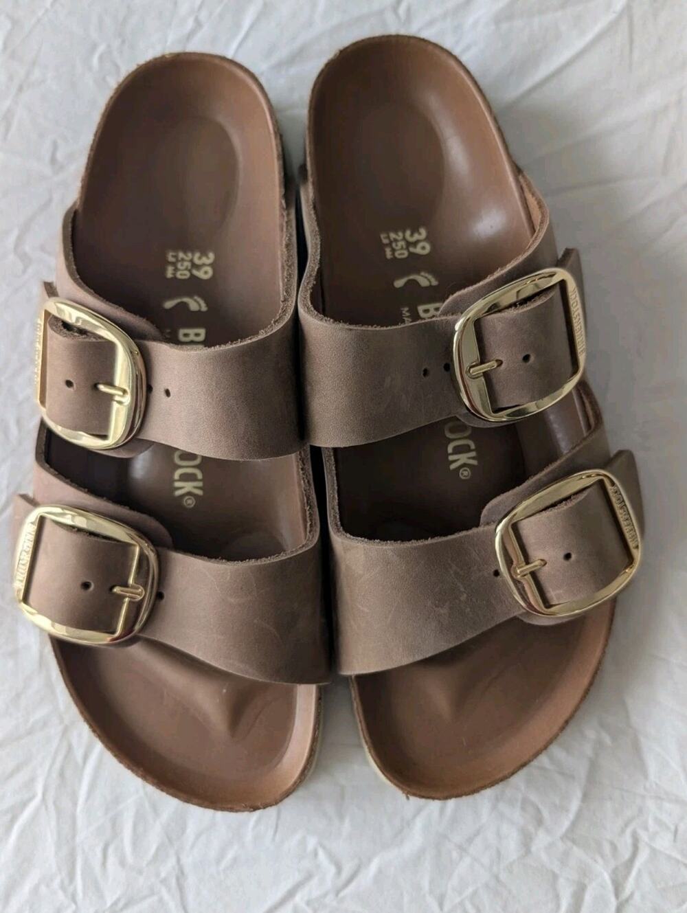 Birkenstock Arizona Big Buckle Sandals 39 8.5 Brown Taupe Leather Gold Slide